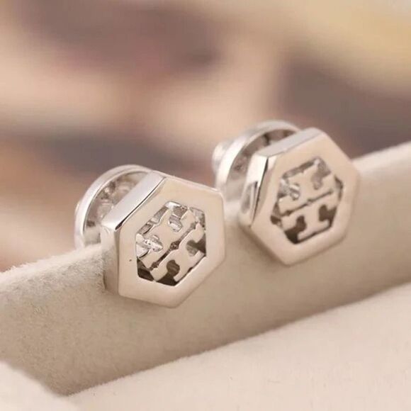 NWOT Tory Burch Silver Hexagon Stud Earrings - Picture 1 of 6